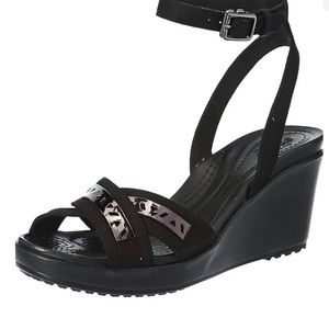 Crocs Leigh II Black CrossStrap Cutout Ankle Wedge Sandal Size 7